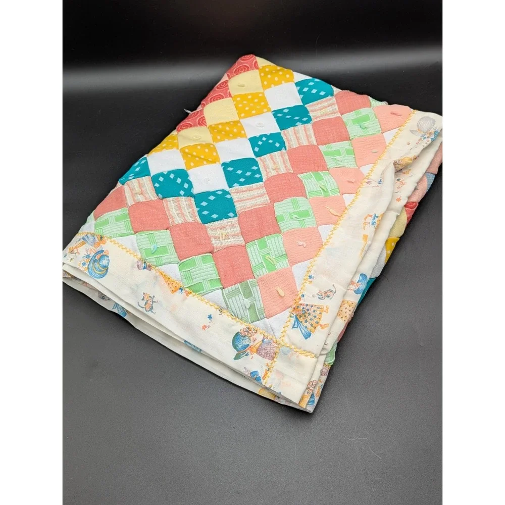 VTG 38x46 Baby Blanket Square Crib Quilted Multicolor Patchwork Holly Hobbie